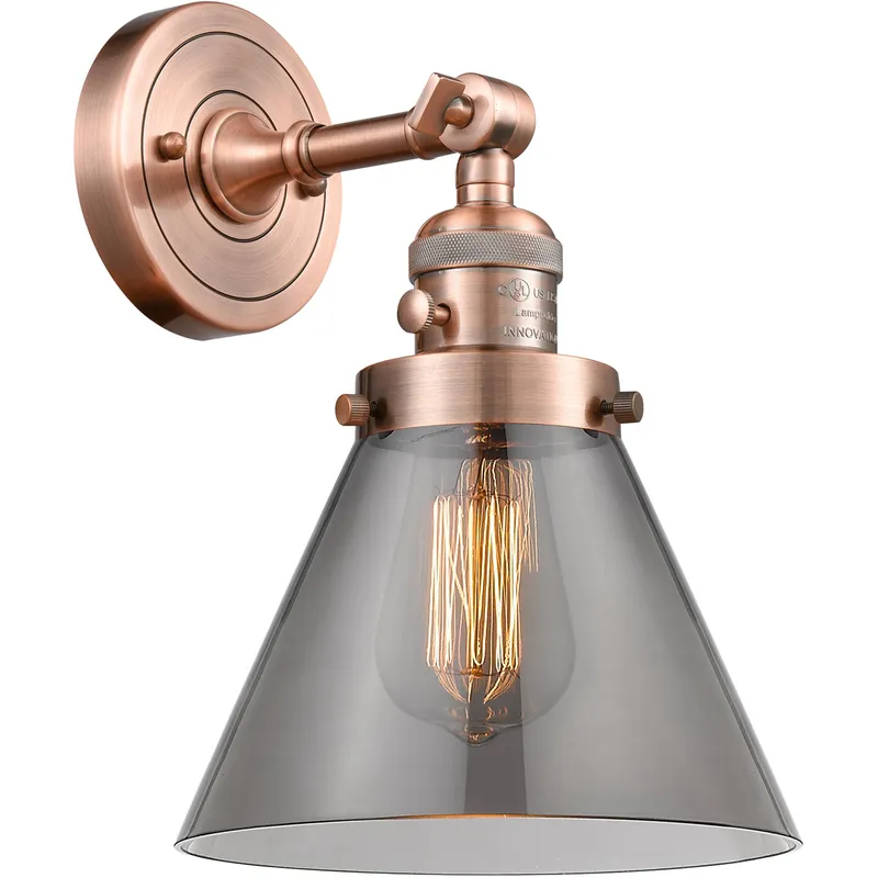 Franklin Restoration Large Cone 1 Light 8 inch Antique Copper Sconce Wall Light in Light Smoke Glass, Franklin Restoration