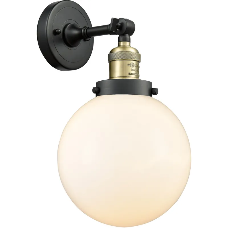 Franklin Restoration Large Beacon LED 8 inch Black Antique Brass Sconce Wall Light in Matte White Glass, Franklin Restoration