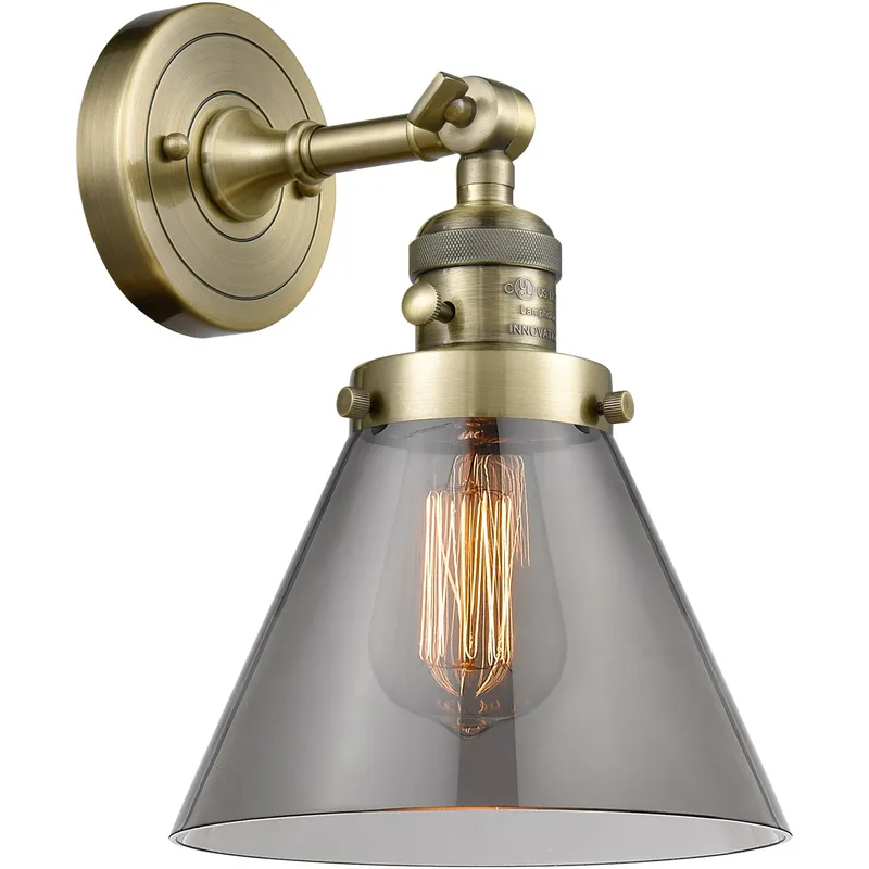 Franklin Restoration Large Cone 1 Light 8 inch Antique Brass Sconce Wall Light in Light Smoke Glass, Franklin Restoration