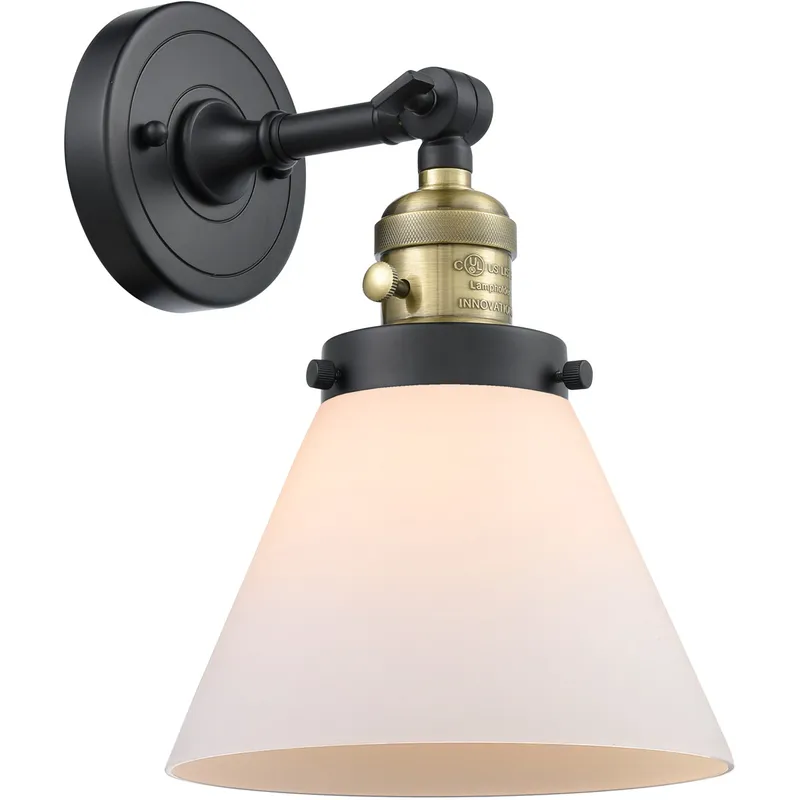 Franklin Restoration Large Cone 1 Light 8 inch Black Antique Brass Sconce Wall Light in Matte White Glass, Franklin Restoration