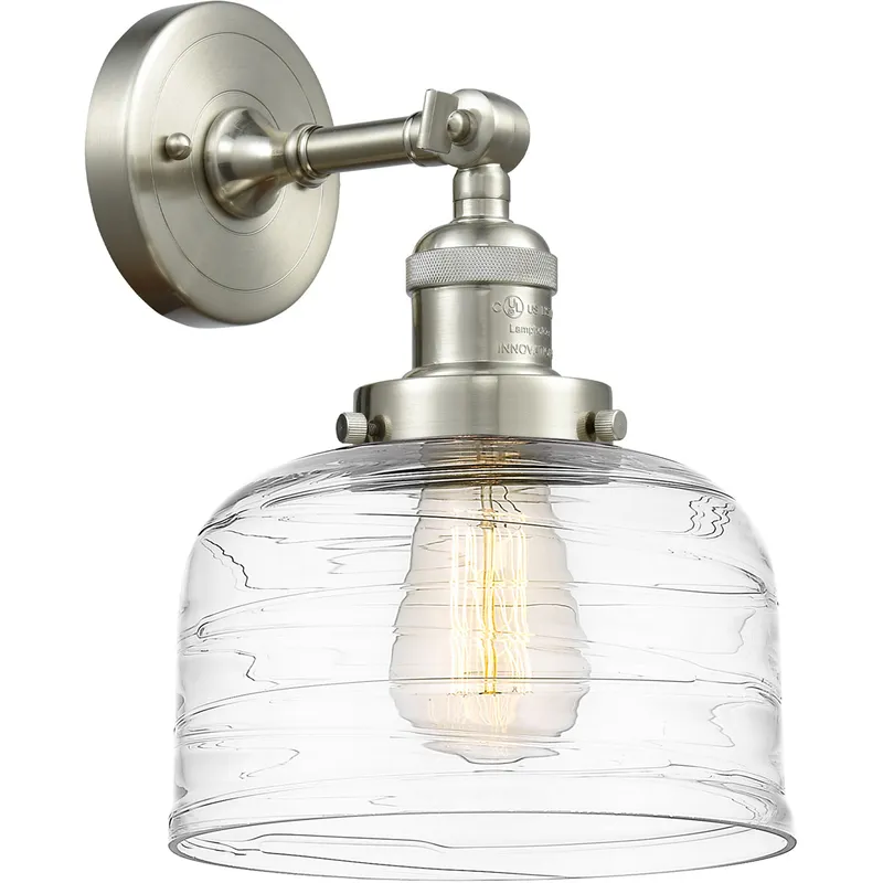 Franklin Restoration Bell LED 8 inch Brushed Satin Nickel Sconce Wall Light in Clear Deco Swirl Glass