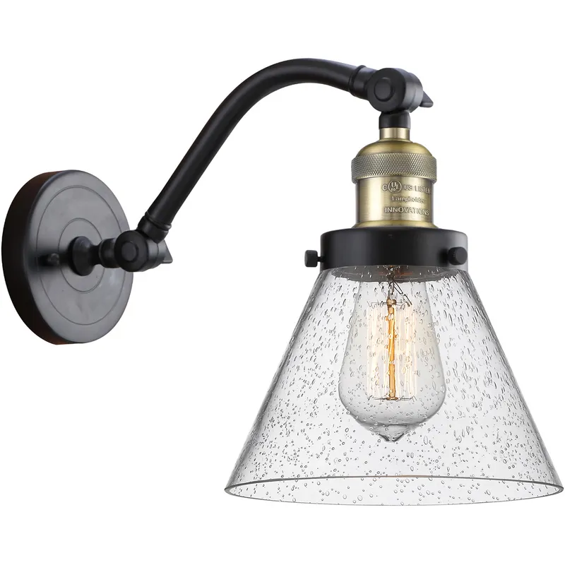 Franklin Restoration Large Cone LED 8 inch Black Antique Brass Sconce Wall Light in Seedy Glass, Franklin Restoration