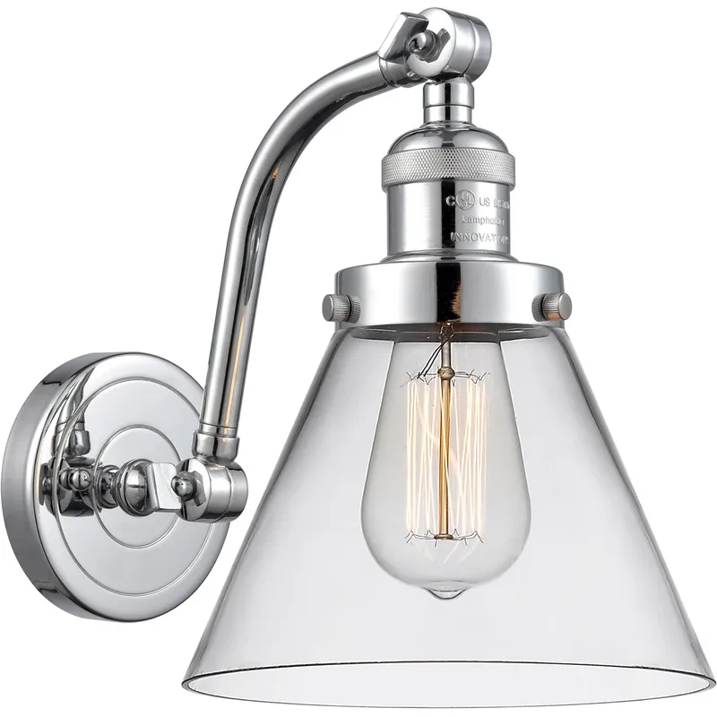 Franklin Restoration Large Cone LED 8 inch Polished Chrome Sconce Wall Light in Clear Glass, Franklin Restoration
