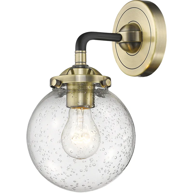 Nouveau Beacon LED 6 inch Black Antique Brass Sconce Wall Light in Seedy Glass, Nouveau