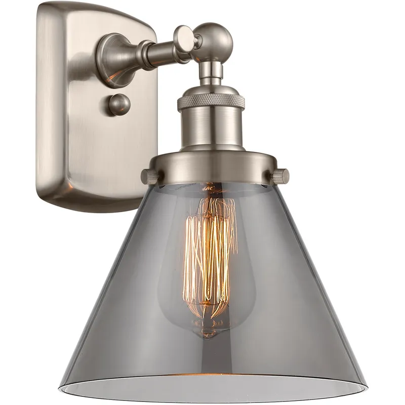 Ballston Large Cone 1 Light 8 inch Brushed Satin Nickel Sconce Wall Light in Light Smoke Glass, Ballston
