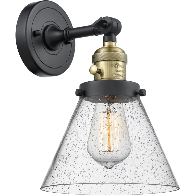 Franklin Restoration Large Cone 1 Light 8 inch Black Antique Brass Sconce Wall Light in Seedy Glass, Franklin Restoration