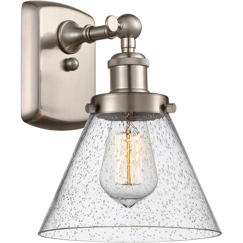 Ballston Large Cone 1 Light 8 inch Brushed Satin Nickel Sconce Wall Light in Seedy Glass, Ballston