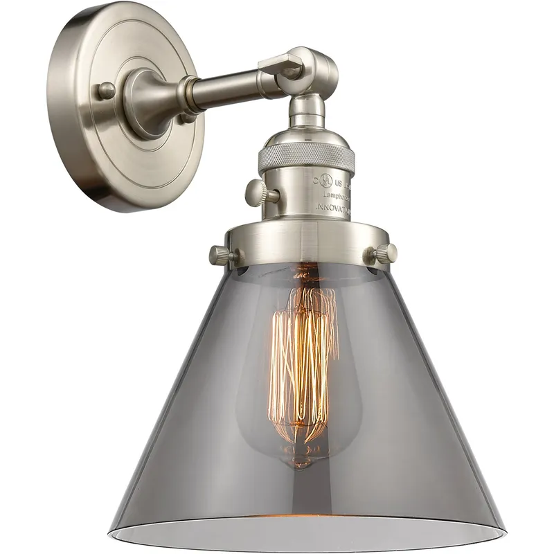 Franklin Restoration Large Cone 1 Light 8 inch Brushed Satin Nickel Sconce Wall Light in Light Smoke Glass, Franklin Restoration