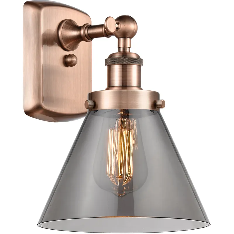 Ballston Large Cone 1 Light 8 inch Antique Copper Sconce Wall Light in Light Smoke Glass