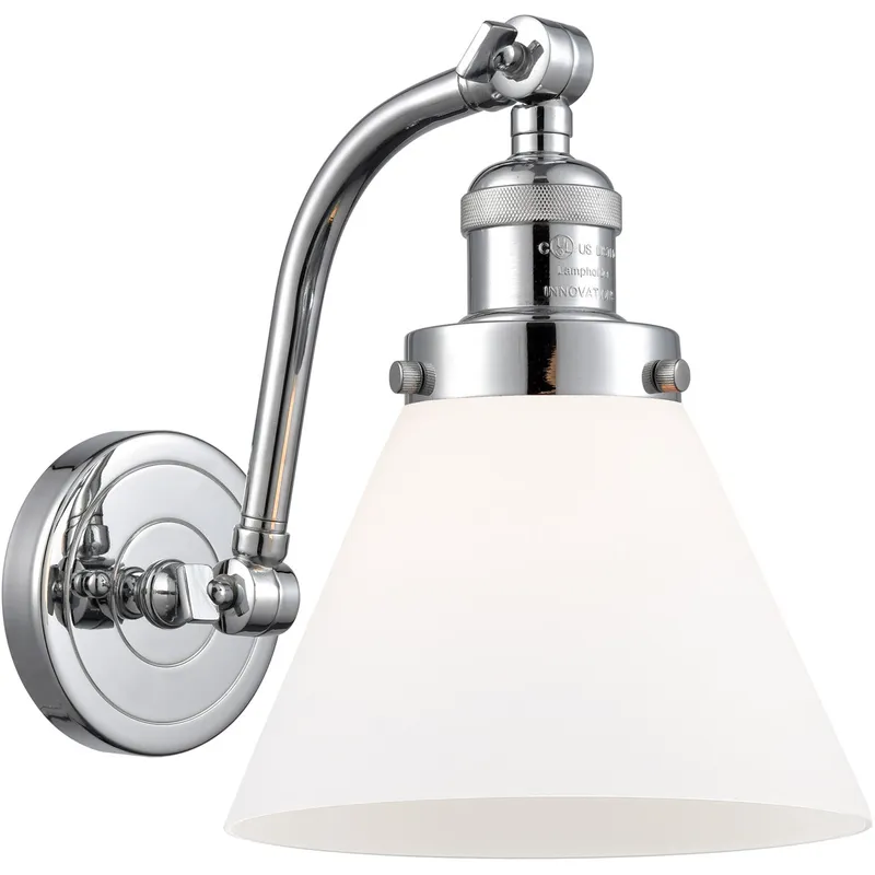 Franklin Restoration Large Cone LED 8 inch Polished Chrome Sconce Wall Light in Matte White Glass, Franklin Restoration