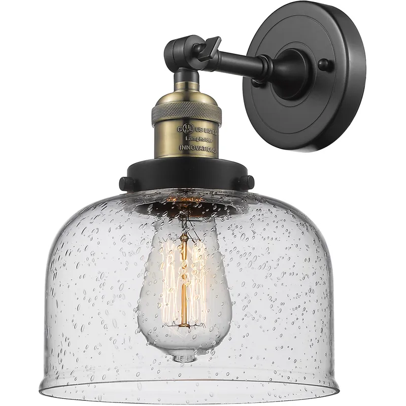 Franklin Restoration Large Bell LED 8 inch Black Antique Brass Sconce Wall Light in Seedy Glass, Franklin Restoration