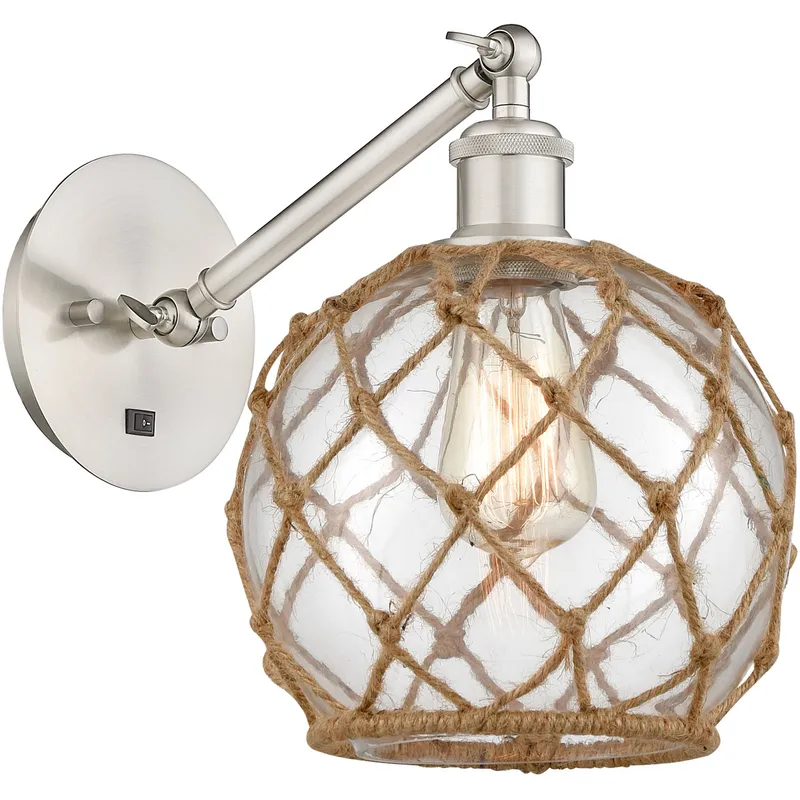 Ballston Farmhouse Rope LED 8 inch Brushed Satin Nickel Sconce Wall Light in Clear Glass with Brown Rope