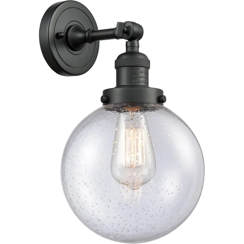 Franklin Restoration Large Beacon LED 8 inch Matte Black Sconce Wall Light in Seedy Glass, Franklin Restoration
