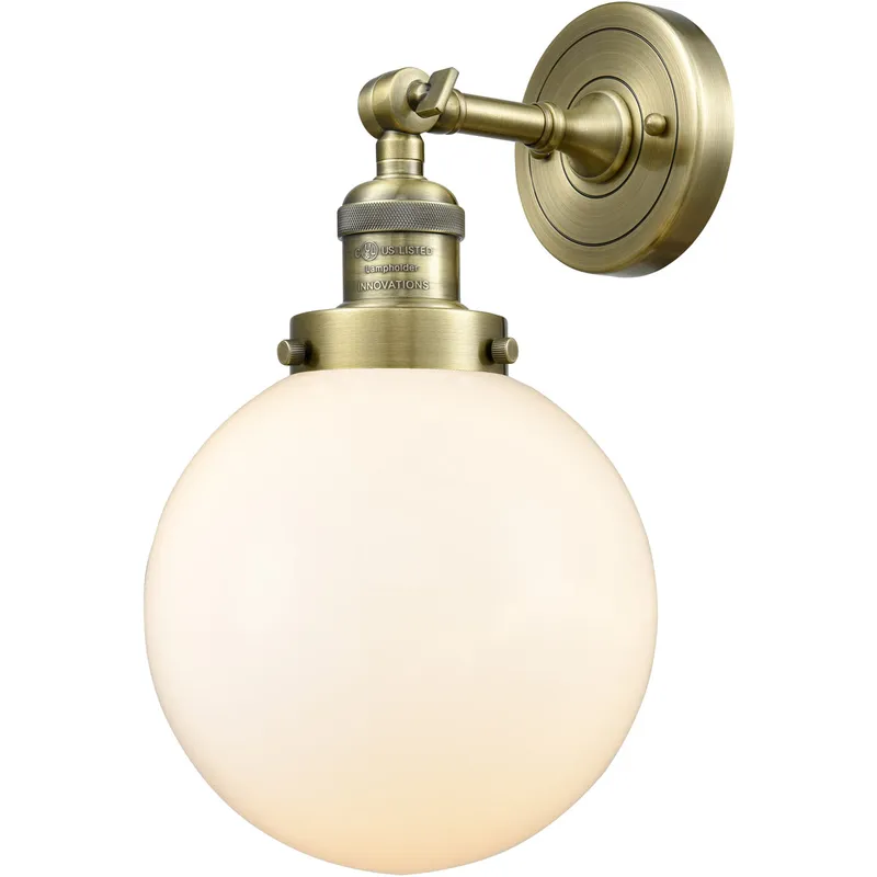 Franklin Restoration Large Beacon LED 8 inch Antique Brass Sconce Wall Light in Cased Matte White Glass, Franklin Restoration