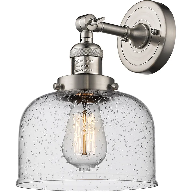 Franklin Restoration Large Bell LED 8 inch Brushed Satin Nickel Sconce Wall Light in Seedy Glass, Franklin Restoration