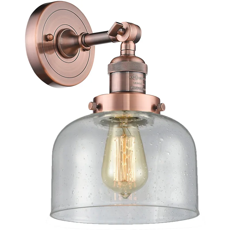 Franklin Restoration Large Bell LED 8 inch Antique Copper Sconce Wall Light in Seedy Glass, Franklin Restoration