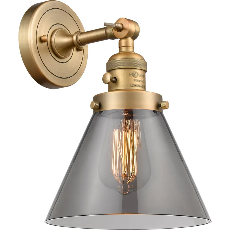 Franklin Restoration Large Cone 1 Light 8 inch Brushed Brass Sconce Wall Light in Light Smoke Glass, Franklin Restoration