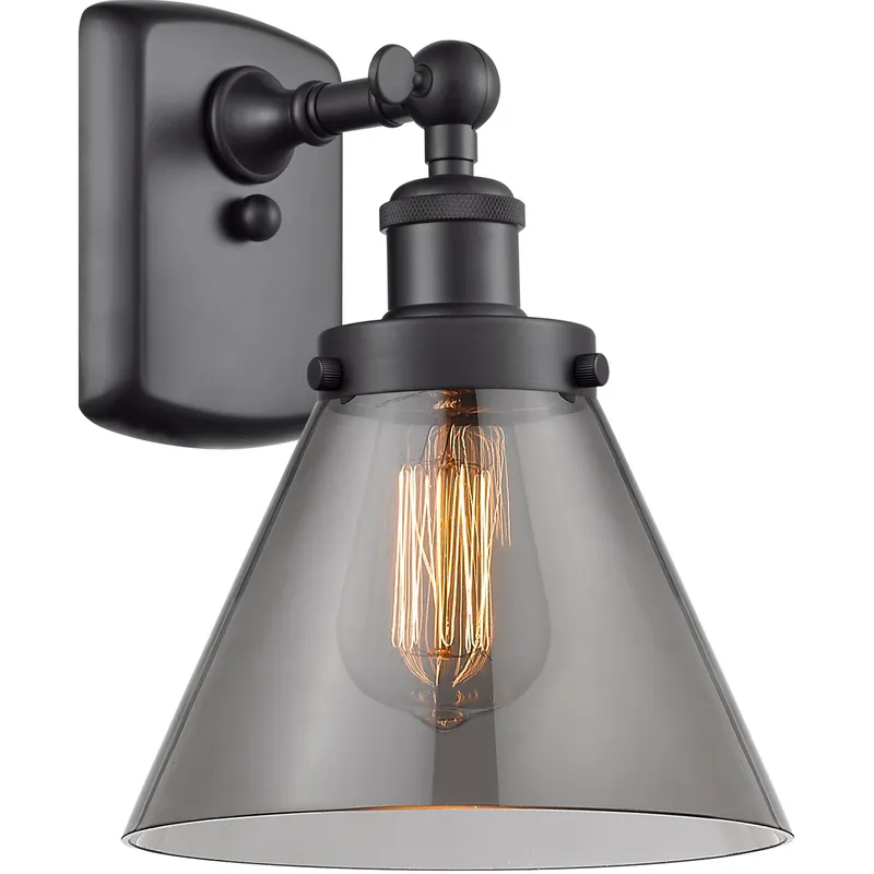 Ballston Large Cone 1 Light 8 inch Matte Black Sconce Wall Light in Light Smoke Glass, Ballston