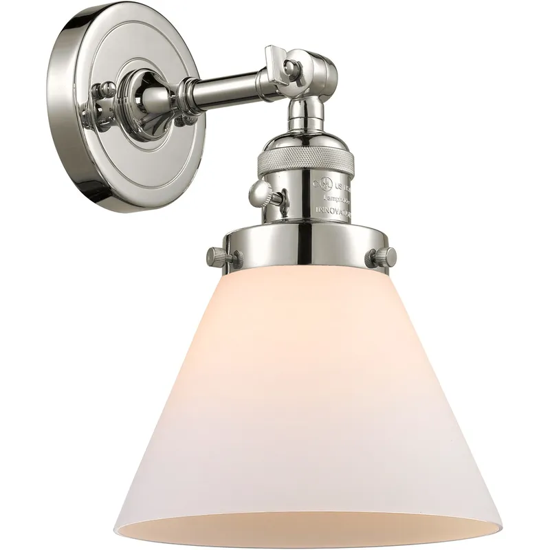 Franklin Restoration Large Cone 1 Light 8 inch Polished Nickel Sconce Wall Light in Matte White Glass, Franklin Restoration