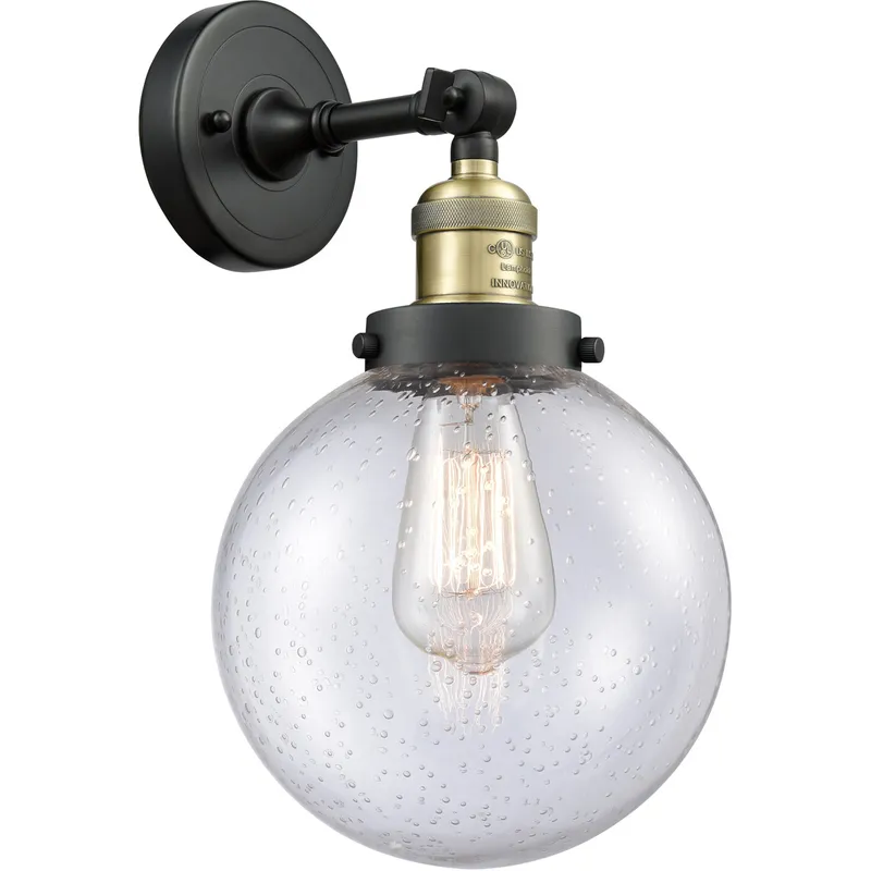 Franklin Restoration Large Beacon LED 8 inch Black Antique Brass Sconce Wall Light in Seedy Glass, Franklin Restoration