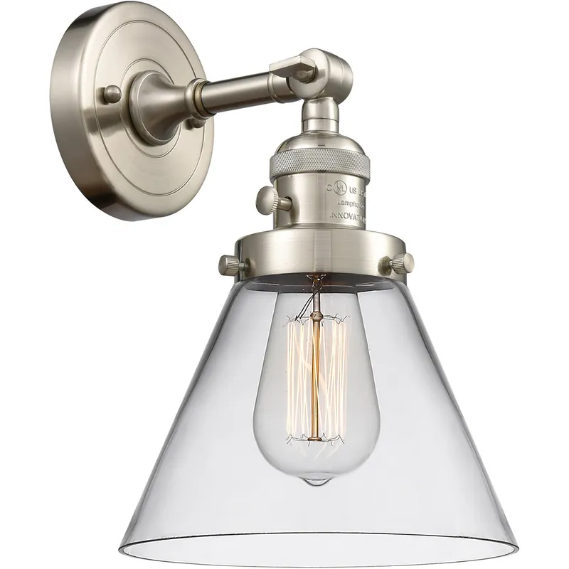 Franklin Restoration Large Cone 1 Light 8 inch Brushed Satin Nickel Sconce Wall Light in Clear Glass, Franklin Restoration