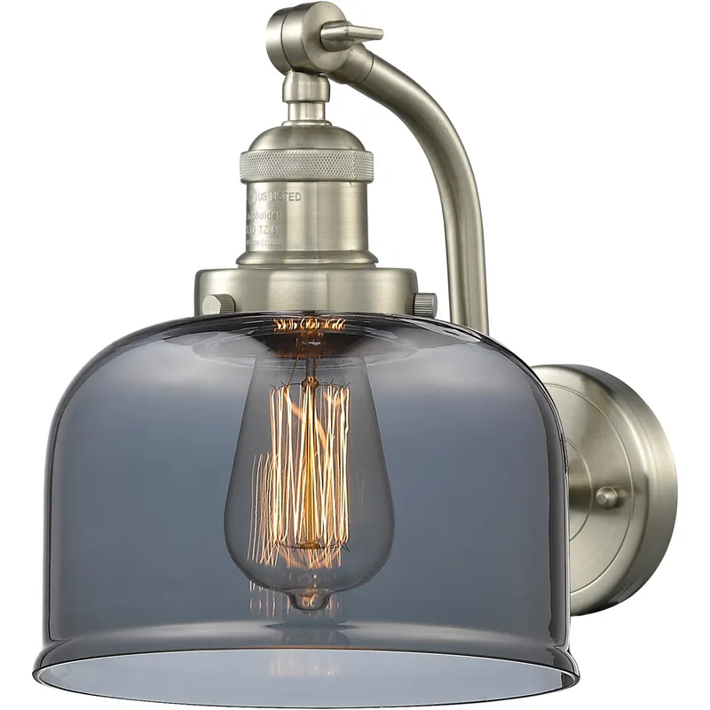 Franklin Restoration Large Bell LED 8 inch Brushed Satin Nickel Sconce Wall Light in Plated Smoke Glass, Franklin Restoration