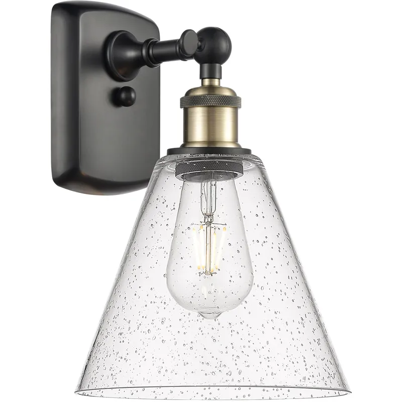 Ballston Cone Sconce Wall Light in Black Antique Brass, Seedy Glass