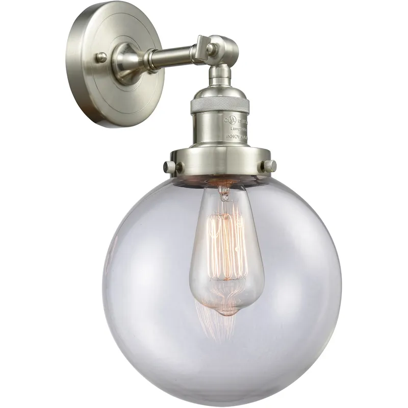 Franklin Restoration Large Beacon LED 8 inch Brushed Satin Nickel Sconce Wall Light in Clear Glass, Franklin Restoration