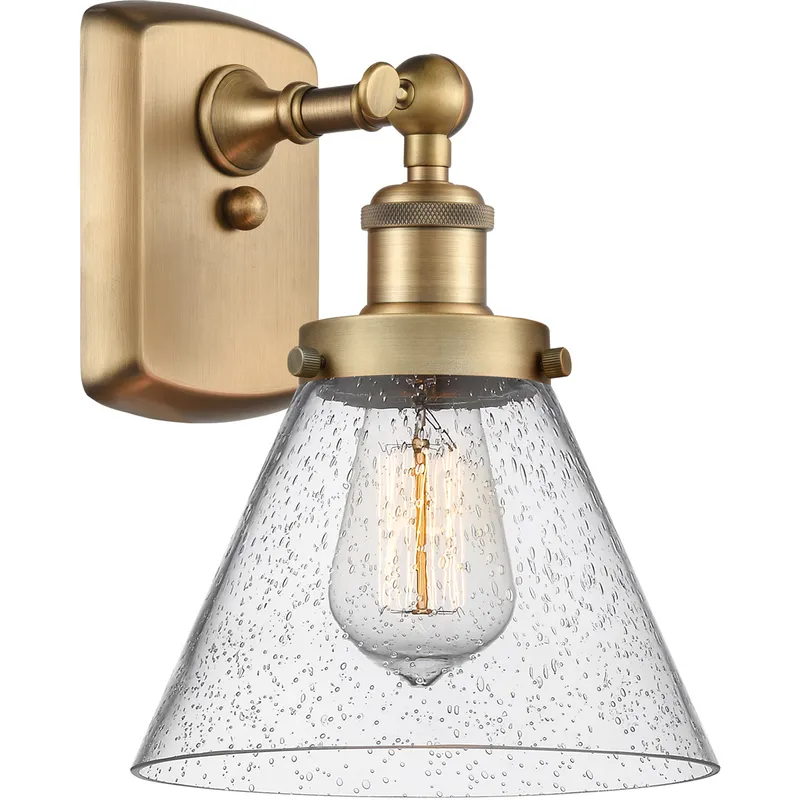 Ballston Large Cone 1 Light 8 inch Brushed Brass Sconce Wall Light in Seedy Glass