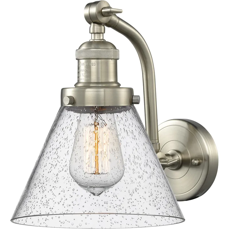 Franklin Restoration Large Cone LED 8 inch Brushed Satin Nickel Sconce Wall Light in Seedy Glass, Franklin Restoration