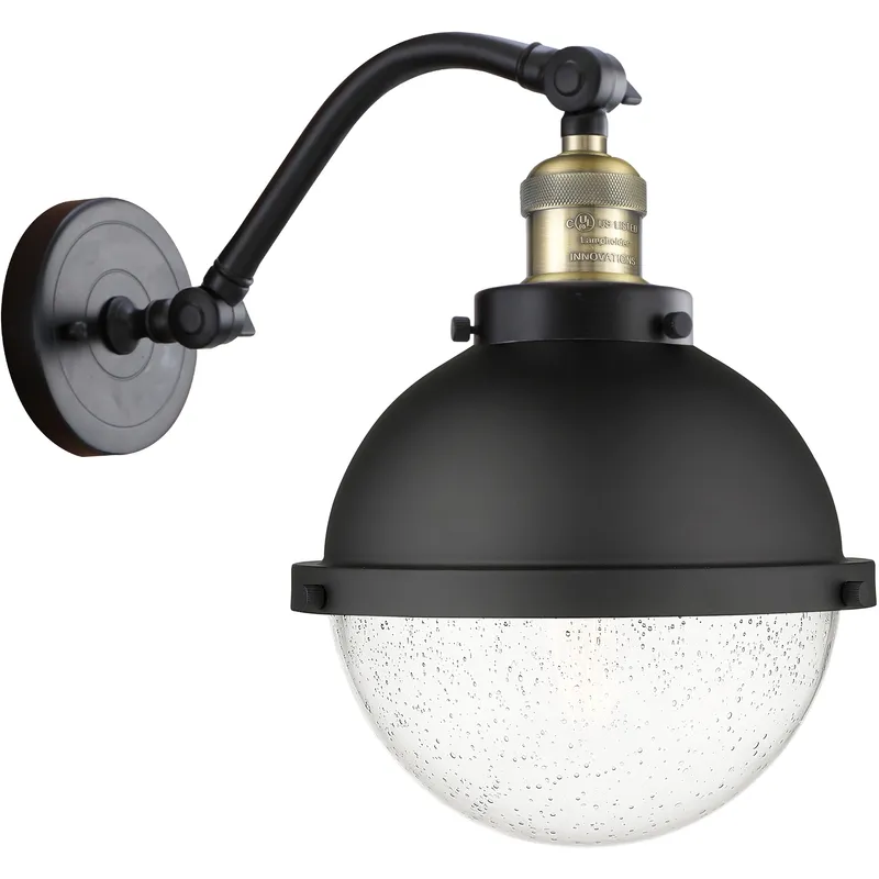 Franklin Restoration Hampden Sconce Wall Light in Black Antique Brass, Seedy Glass