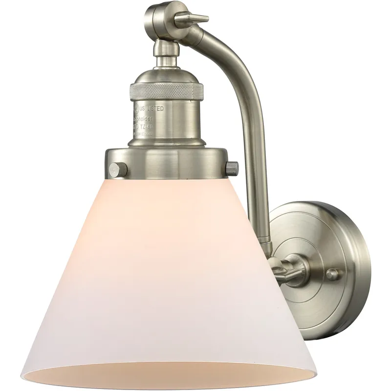 Franklin Restoration Large Cone LED 8 inch Brushed Satin Nickel Sconce Wall Light in Matte White Glass, Franklin Restoration