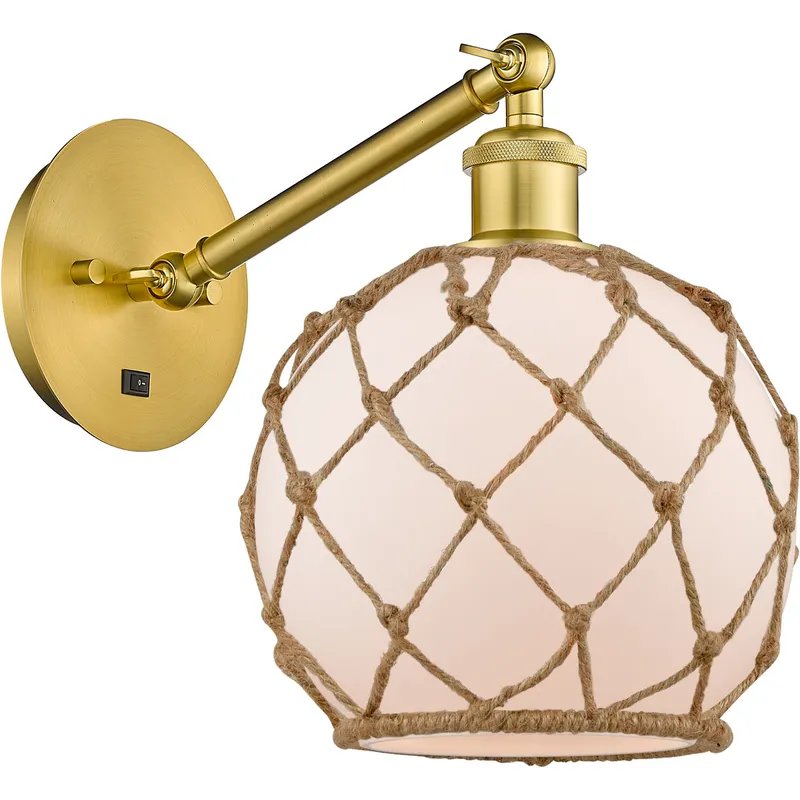 Ballston Farmhouse Rope LED 8 inch Satin Gold Sconce Wall Light in White Glass with Brown Rope