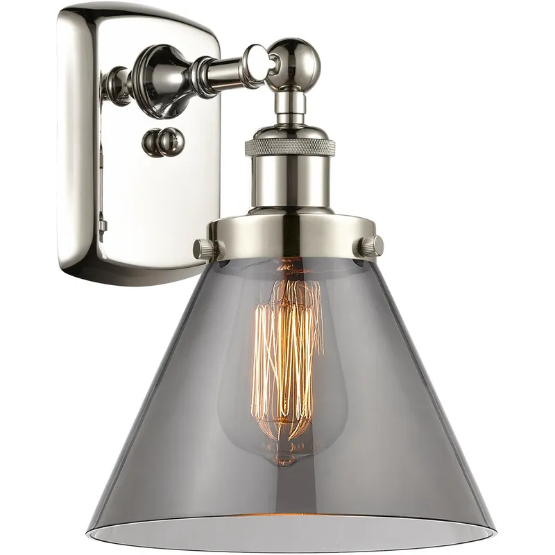 Ballston Large Cone 1 Light 8 inch Polished Nickel Sconce Wall Light in Light Smoke Glass