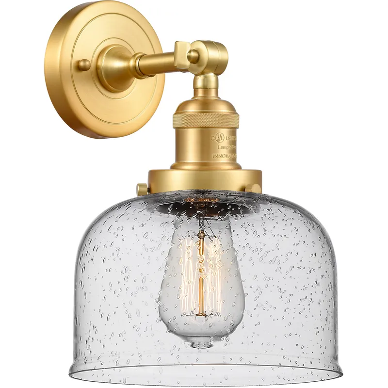 Franklin Restoration Large Bell LED 8 inch Satin Gold Sconce Wall Light in Seedy Glass, Franklin Restoration