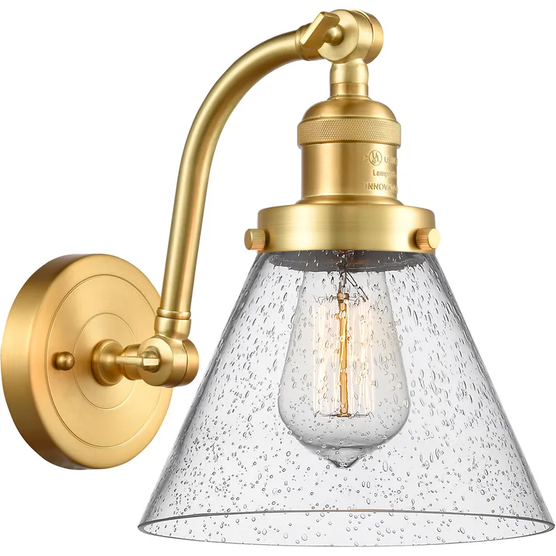 Franklin Restoration Large Cone LED 8 inch Satin Gold Sconce Wall Light in Seedy Glass, Franklin Restoration