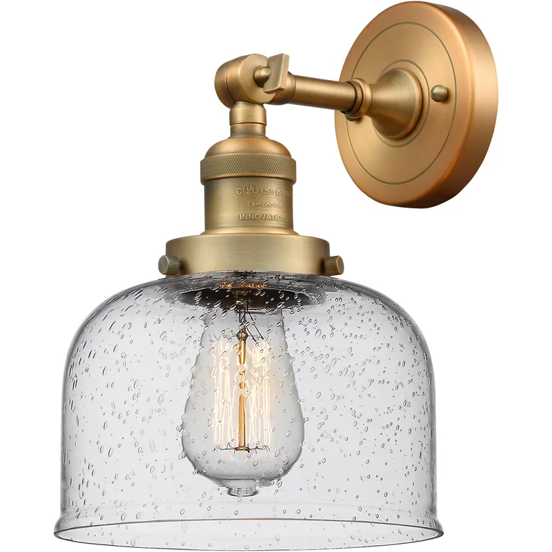 Franklin Restoration Large Bell LED 8 inch Brushed Brass Sconce Wall Light in Seedy Glass, Franklin Restoration