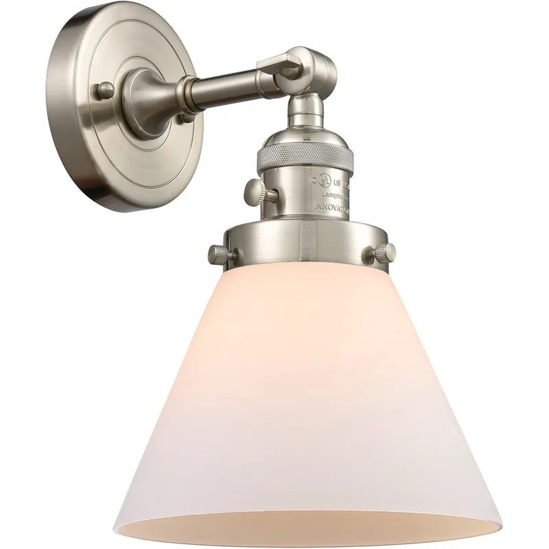 Franklin Restoration Large Cone 1 Light 8 inch Brushed Satin Nickel Sconce Wall Light in Matte White Glass, Franklin Restoration
