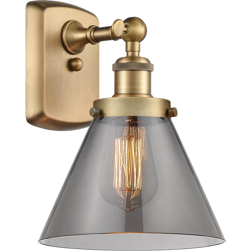 Ballston Large Cone 1 Light 8 inch Brushed Brass Sconce Wall Light in Light Smoke Glass