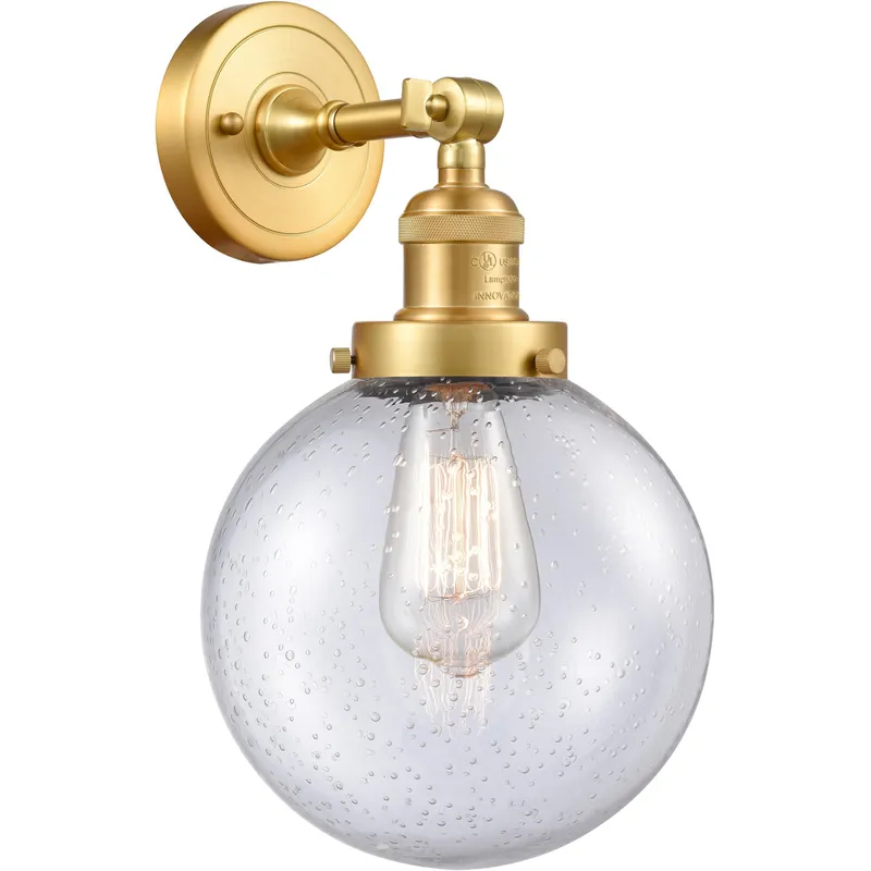 Franklin Restoration Large Beacon LED 8 inch Satin Gold Sconce Wall Light in Seedy Glass, Franklin Restoration