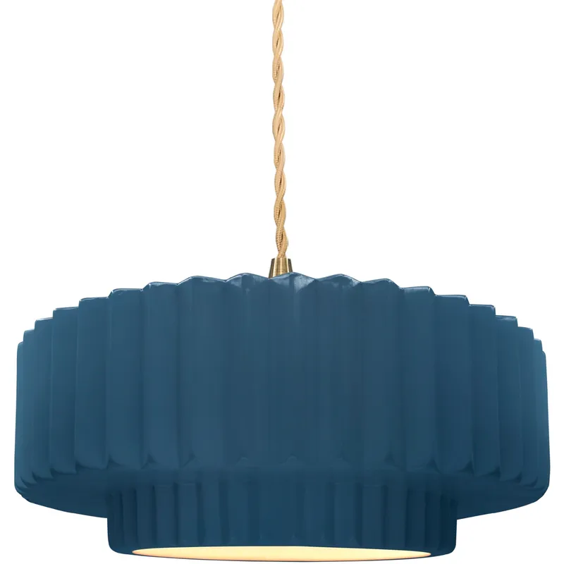 Radiance Collection - Pleated Tier Pendant Ceiling Light in Brushed Brass, Replaceable Bulb, Beige Twist Cord, Midnight Sky/Matte White, 14.5W x 5.25H, Form+Finish+Function