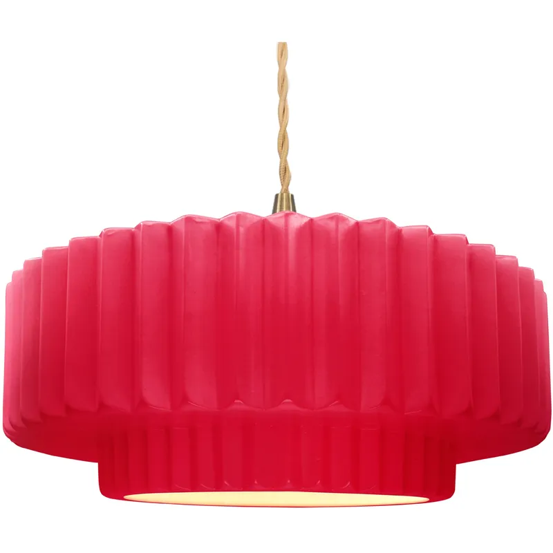 Radiance Collection - Pleated Tier Pendant Ceiling Light in Brushed Brass, Replaceable Bulb, Beige Twist Cord, Cerise, 16.25W x 6H, Form+Finish+Function