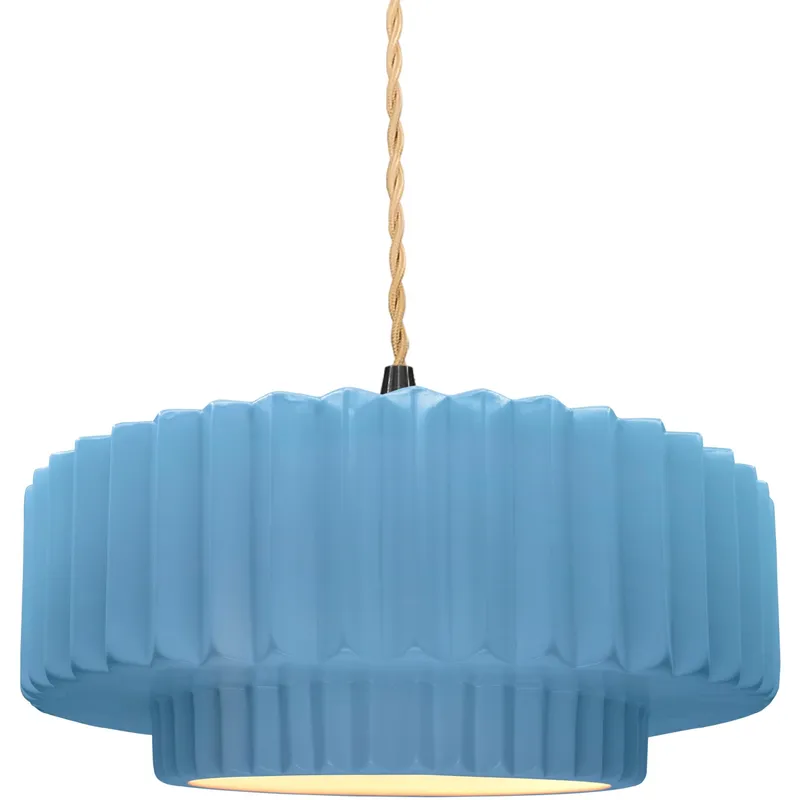 Radiance Collection - Pleated Tier Pendant Ceiling Light in Matte Black, Dedicated LED, Beige Twist Cord, Sky Blue, 14.5W x 5.25H, Form+Finish+Function