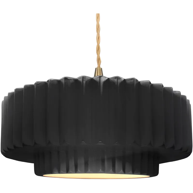 Radiance Collection - Pleated Tier Pendant Ceiling Light in Brushed Brass, Replaceable Bulb, Beige Twist Cord, Gloss Black, 16.25W x 6H, Form+Finish+Function