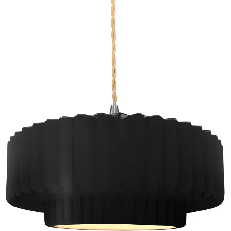 Radiance Collection - Pleated Tier Pendant Ceiling Light in Brushed Nickel, Replaceable Bulb, Beige Twist Cord, Carbon Matte Black, 14.5W x 5.25H, Form+Finish+Function