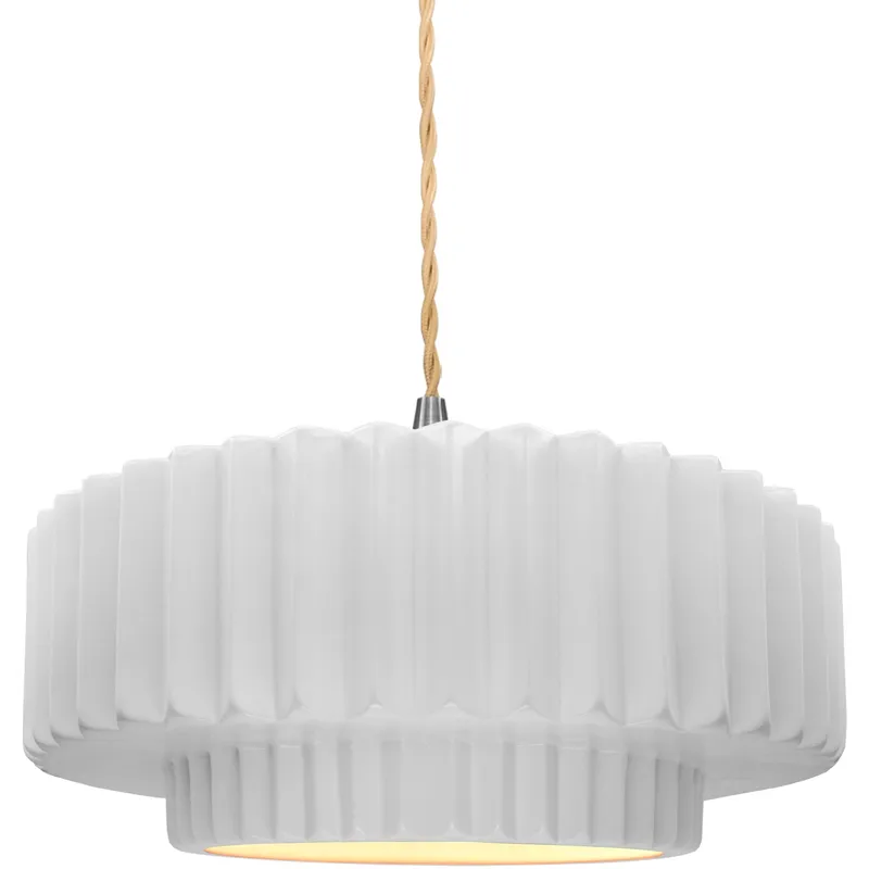 Radiance Collection - Pleated Tier Pendant Ceiling Light in Brushed Nickel, Replaceable Bulb, Beige Twist Cord, Gloss White, 14.5W x 5.25H, Form+Finish+Function