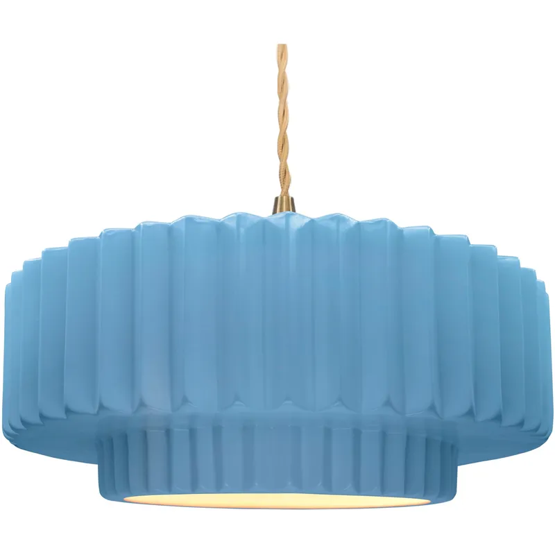 Radiance Collection - Pleated Tier Pendant Ceiling Light in Brushed Brass, Replaceable Bulb, Beige Twist Cord, Sky Blue, 16.25W x 6H, Form+Finish+Function