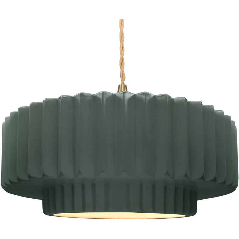 Radiance Collection - Pleated Tier Pendant Ceiling Light in Brushed Brass, Dedicated LED, Beige Twist Cord, Pewter Green, 16.25W x 6H, Form+Finish+Function