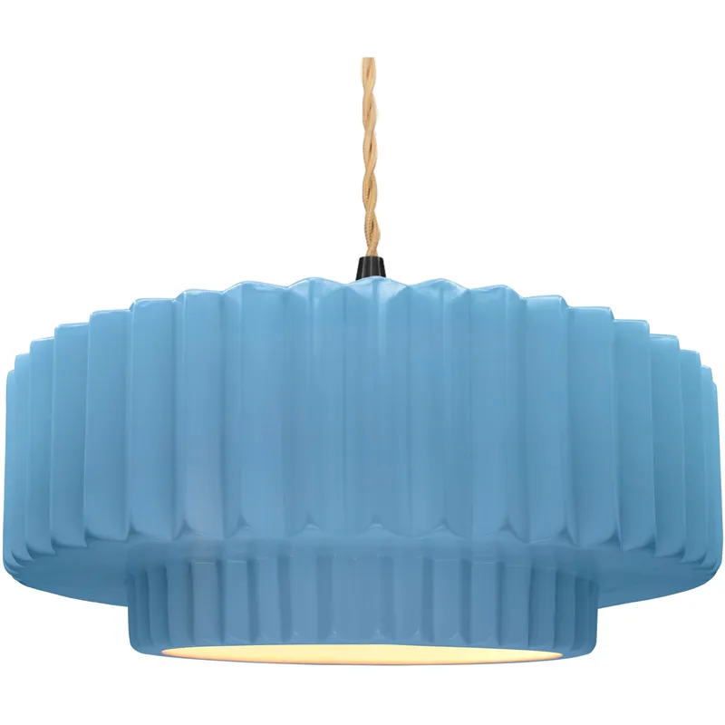 Radiance Collection - Pleated Tier Pendant Ceiling Light in Matte Black, Replaceable Bulb, Beige Twist Cord, Sky Blue, 16.25W x 6H, Form+Finish+Function