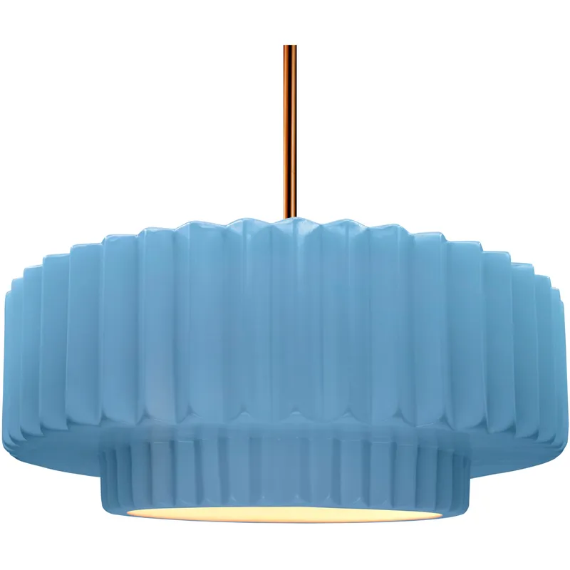 Radiance Collection - Pleated Tier Pendant Ceiling Light in Brushed Brass, Black Cord, Replaceable Bulb, Sky Blue, 16.25W x 6H, Form+Finish+Function